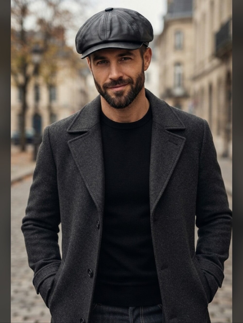 Genuine Leather Black Driving Cap Newsboy Hat 57mm (US Size 7 1/8) Med